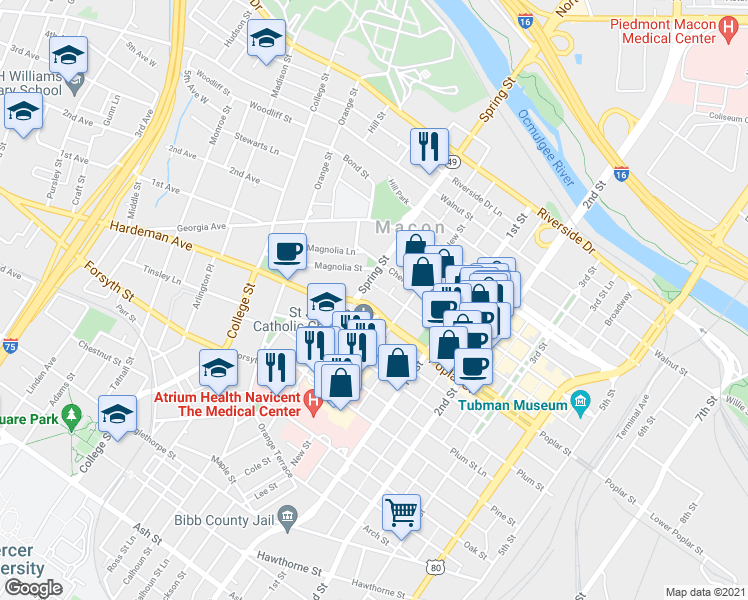 map of restaurants, bars, coffee shops, grocery stores, and more near 859 Washington Ave in Macon