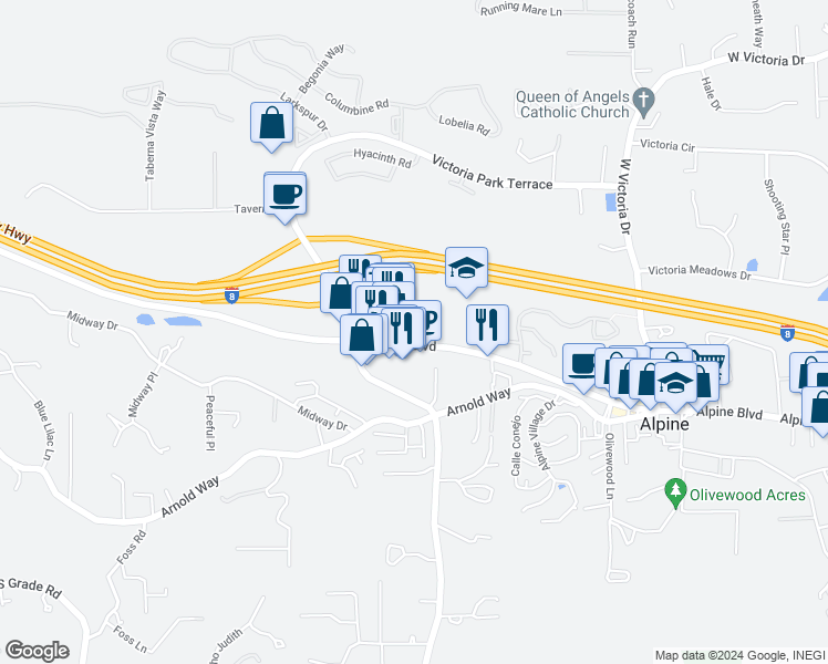 map of restaurants, bars, coffee shops, grocery stores, and more near 1752 Alpine Boulevard in Alpine