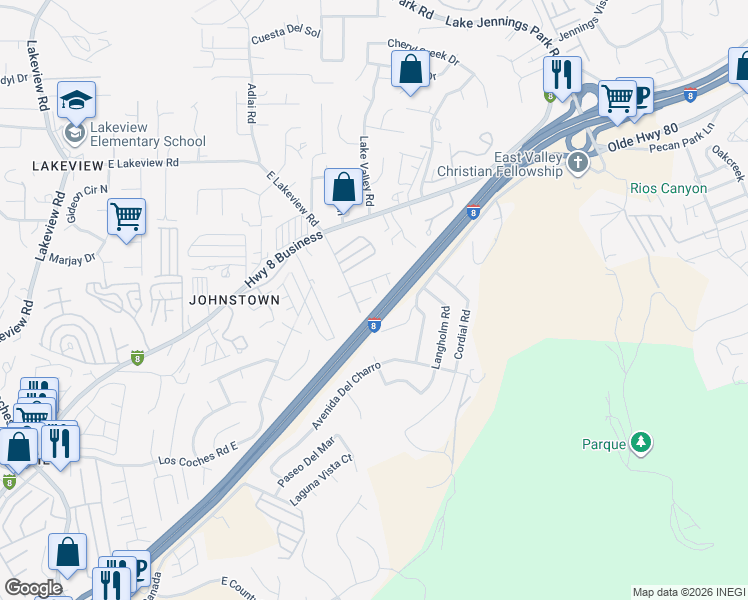 map of restaurants, bars, coffee shops, grocery stores, and more near 8935 El Dorado Parkway in El Cajon