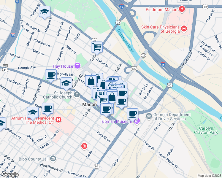 map of restaurants, bars, coffee shops, grocery stores, and more near 652 Mulberry Street in Macon