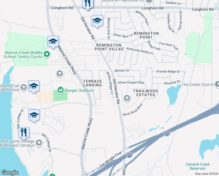 map of restaurants, bars, coffee shops, grocery stores, and more near 5137 Britton Ridge Lane in Fort Worth
