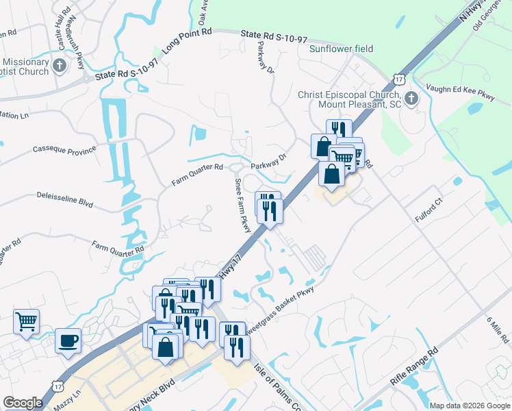 map of restaurants, bars, coffee shops, grocery stores, and more near 2070 Emerald Terrace in Mount Pleasant