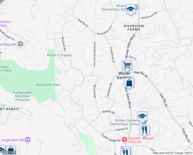 map of restaurants, bars, coffee shops, grocery stores, and more near 8832 Almond Road in Lakeside