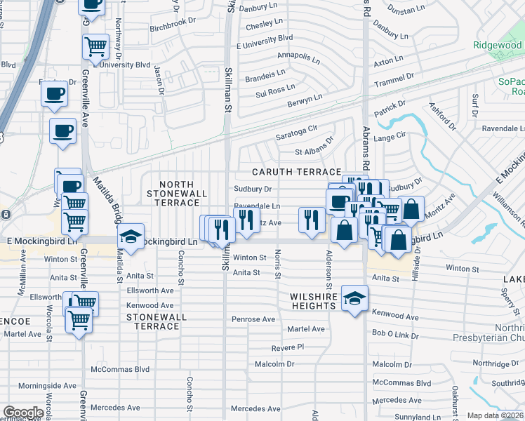map of restaurants, bars, coffee shops, grocery stores, and more near 6154 Ravendale Lane in Dallas