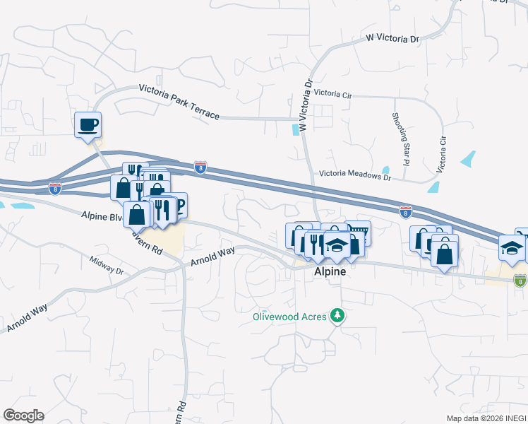 map of restaurants, bars, coffee shops, grocery stores, and more near 2089 Boulders Rd in Alpine