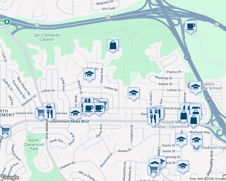 map of restaurants, bars, coffee shops, grocery stores, and more near 4850 Aberdeen Street in San Diego