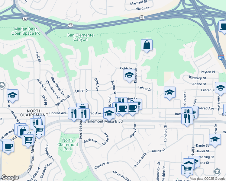 map of restaurants, bars, coffee shops, grocery stores, and more near 5090 Brillo Street in San Diego