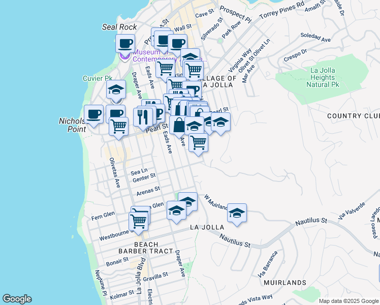 map of restaurants, bars, coffee shops, grocery stores, and more near 7347 Fay Avenue in San Diego
