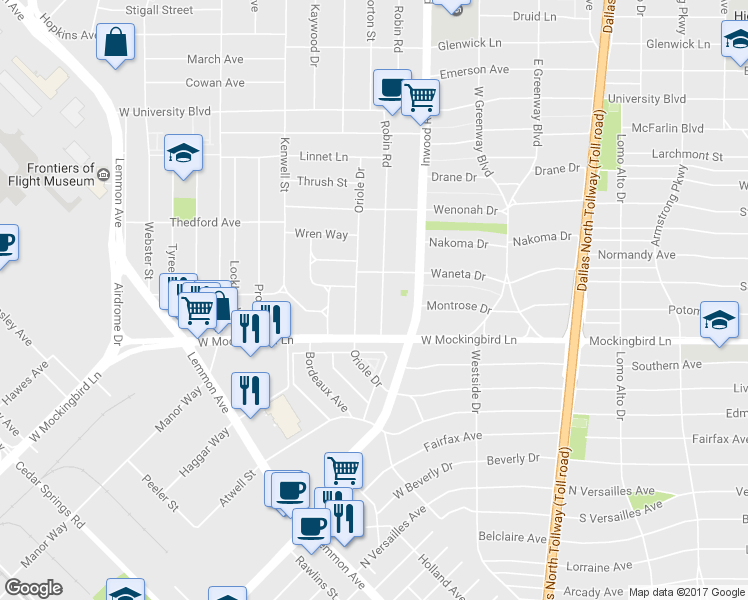 map of restaurants, bars, coffee shops, grocery stores, and more near 6531 Robin Road in Dallas