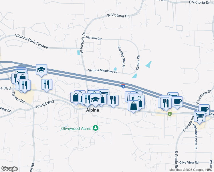 map of restaurants, bars, coffee shops, grocery stores, and more near 2400 Alpine Boulevard in Alpine