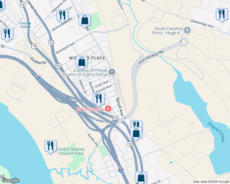 map of restaurants, bars, coffee shops, grocery stores, and more near 2309 Spruill Avenue in North Charleston