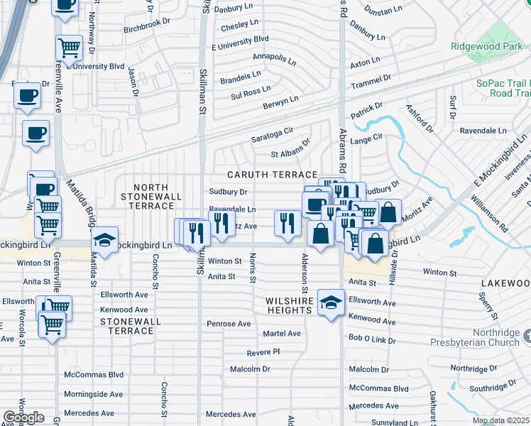 map of restaurants, bars, coffee shops, grocery stores, and more near 6216 Ravendale Lane in Dallas