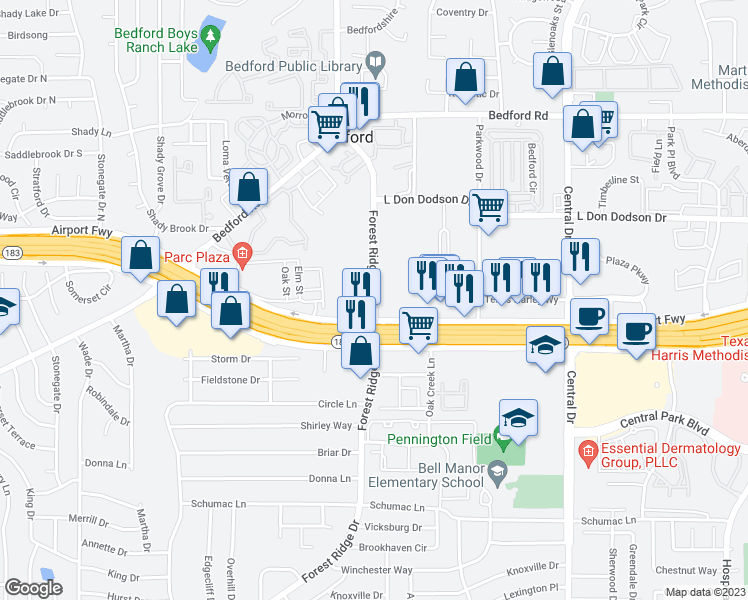 map of restaurants, bars, coffee shops, grocery stores, and more near 1900 Forest Ridge Drive in Bedford