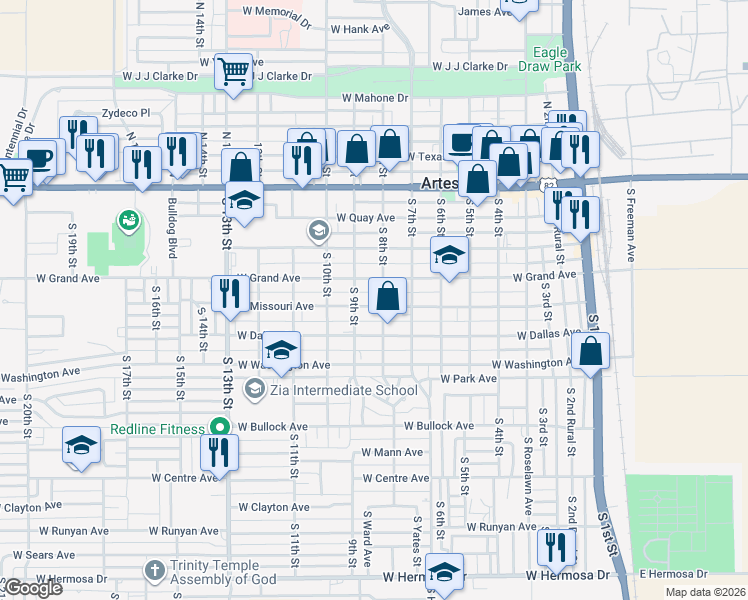 map of restaurants, bars, coffee shops, grocery stores, and more near 804 West Missouri Avenue in Artesia