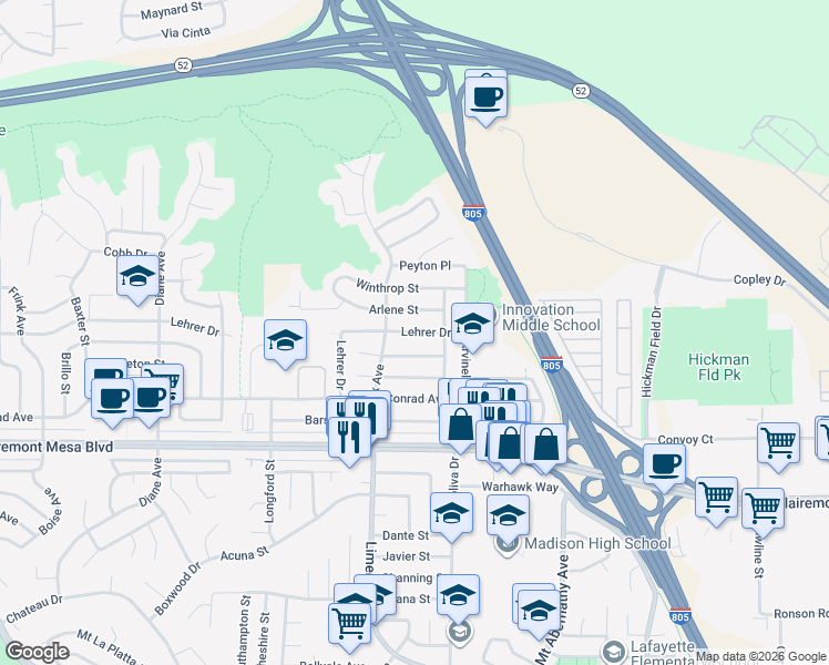 map of restaurants, bars, coffee shops, grocery stores, and more near 5321 Lehrer Drive in San Diego
