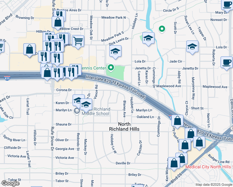 map of restaurants, bars, coffee shops, grocery stores, and more near 7112 Corona Dr in Fort Worth
