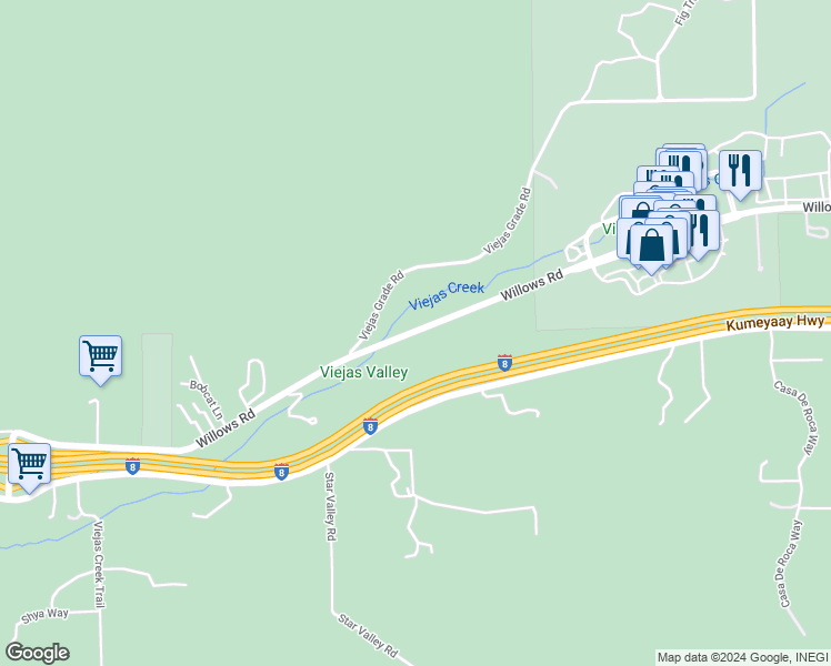 map of restaurants, bars, coffee shops, grocery stores, and more near 4547 Willows Road in Alpine