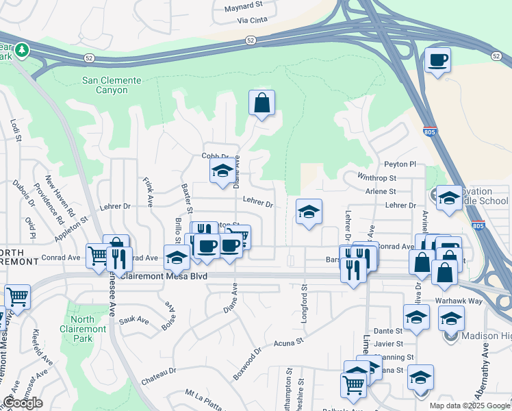 map of restaurants, bars, coffee shops, grocery stores, and more near 4843 Lehrer Drive in San Diego
