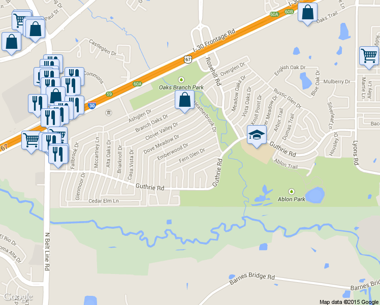 map of restaurants, bars, coffee shops, grocery stores, and more near 2901 Fern Glen Drive in Garland
