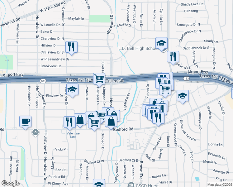 map of restaurants, bars, coffee shops, grocery stores, and more near 109 Woodview Terrace in Hurst