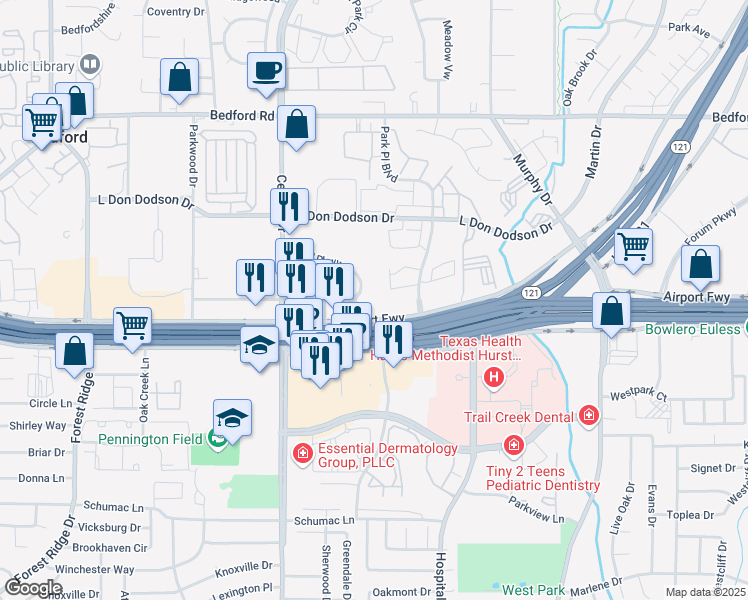 map of restaurants, bars, coffee shops, grocery stores, and more near 2201 Airport Freeway in Bedford