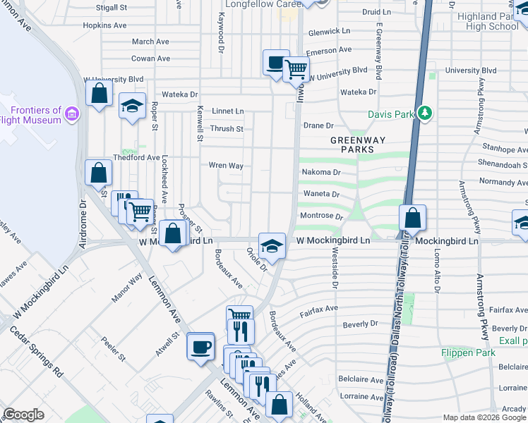 map of restaurants, bars, coffee shops, grocery stores, and more near 6531 Robin Road in Dallas
