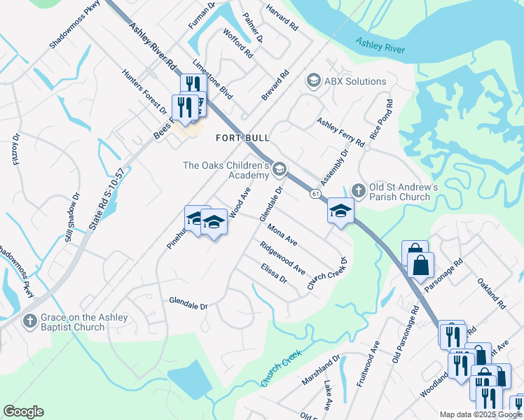 map of restaurants, bars, coffee shops, grocery stores, and more near 2209 Glendale Drive in Charleston
