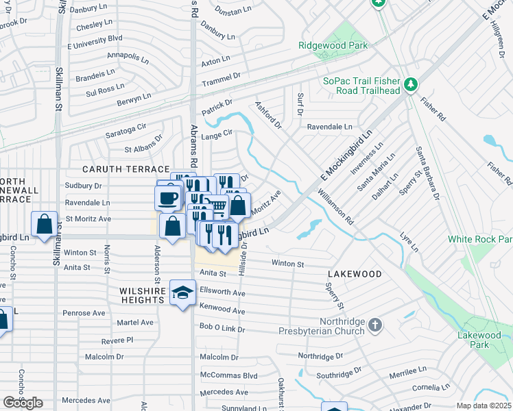 map of restaurants, bars, coffee shops, grocery stores, and more near 6525 Saint Moritz Avenue in Dallas