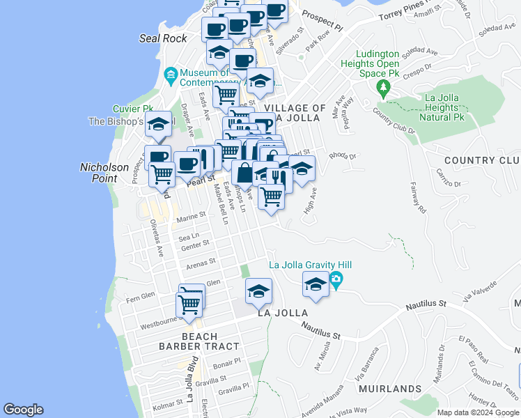 map of restaurants, bars, coffee shops, grocery stores, and more near 7349 Fay Avenue in San Diego