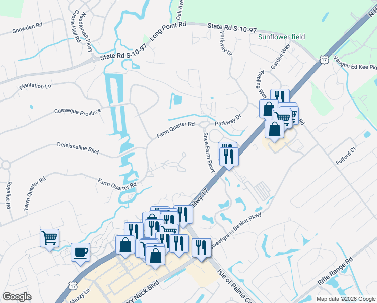 map of restaurants, bars, coffee shops, grocery stores, and more near 105 Ventura Place in Mount Pleasant