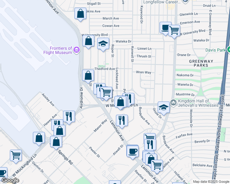 map of restaurants, bars, coffee shops, grocery stores, and more near 6546 Lockheed Avenue in Dallas