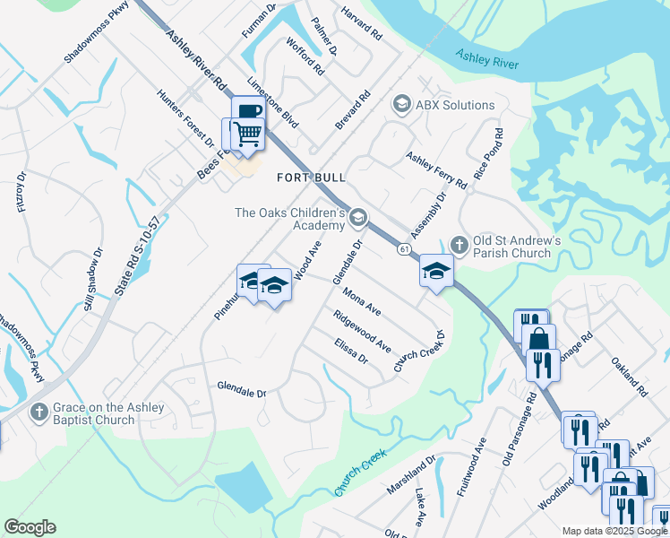 map of restaurants, bars, coffee shops, grocery stores, and more near 2209 Glendale Drive in Charleston