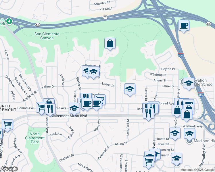 map of restaurants, bars, coffee shops, grocery stores, and more near 4843 Lehrer Drive in San Diego
