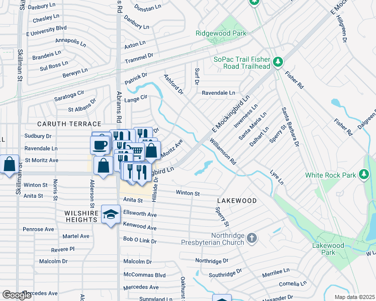 map of restaurants, bars, coffee shops, grocery stores, and more near 4205 Briar Creek Lane in Dallas