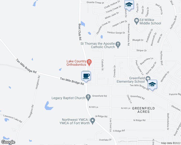 map of restaurants, bars, coffee shops, grocery stores, and more near 5748 Boat Club Road in Fort Worth