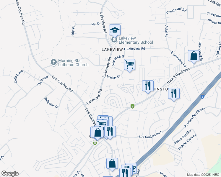 map of restaurants, bars, coffee shops, grocery stores, and more near Elm Court in Lakeside