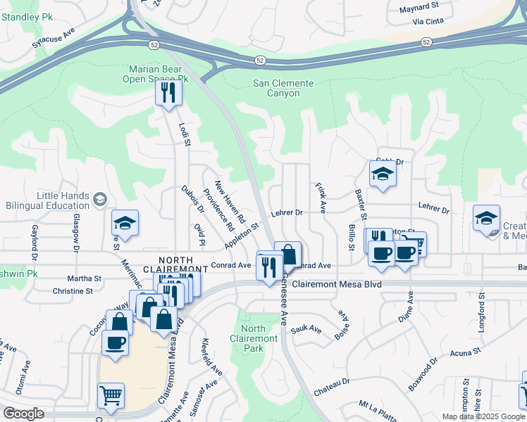 map of restaurants, bars, coffee shops, grocery stores, and more near 4497 New Haven Place in San Diego