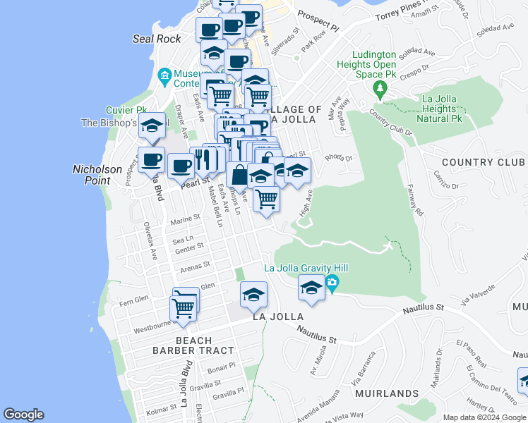 map of restaurants, bars, coffee shops, grocery stores, and more near 7200 Girard Avenue in San Diego