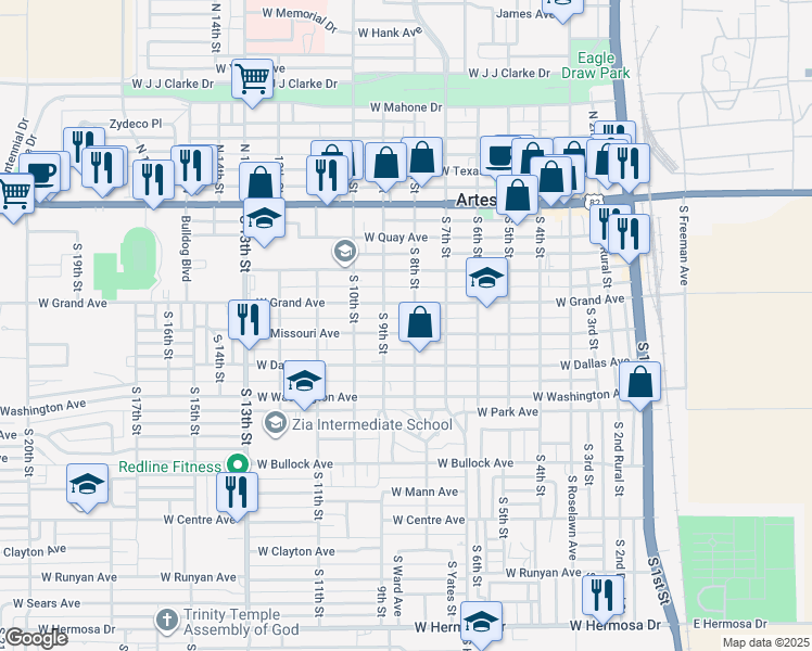map of restaurants, bars, coffee shops, grocery stores, and more near 804 West Missouri Avenue in Artesia