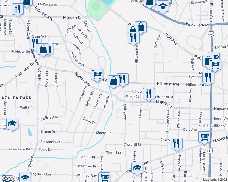 map of restaurants, bars, coffee shops, grocery stores, and more near 951 Hillcrest Boulevard in Macon