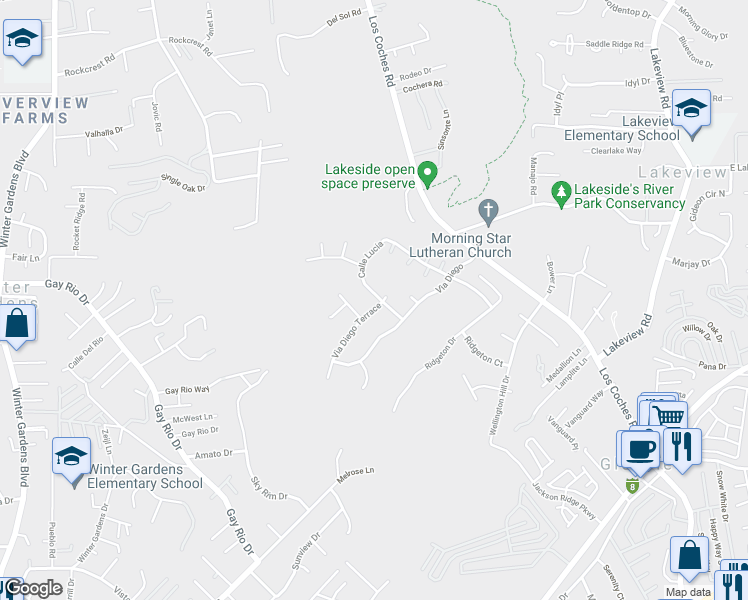 map of restaurants, bars, coffee shops, grocery stores, and more near 8846 Via Diego Terrace in Lakeside