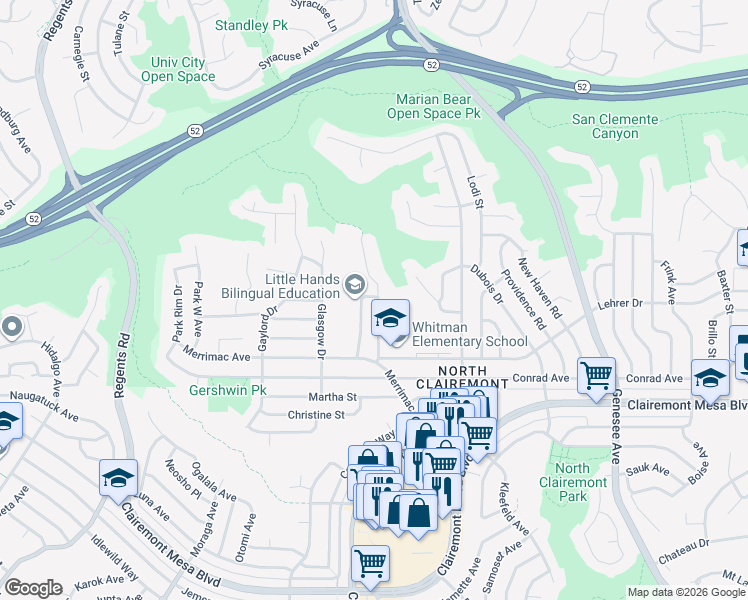 map of restaurants, bars, coffee shops, grocery stores, and more near 5063 Capehart Street in San Diego
