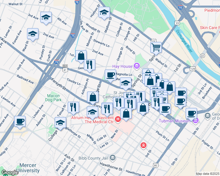 map of restaurants, bars, coffee shops, grocery stores, and more near 1028 Washington Avenue in Macon