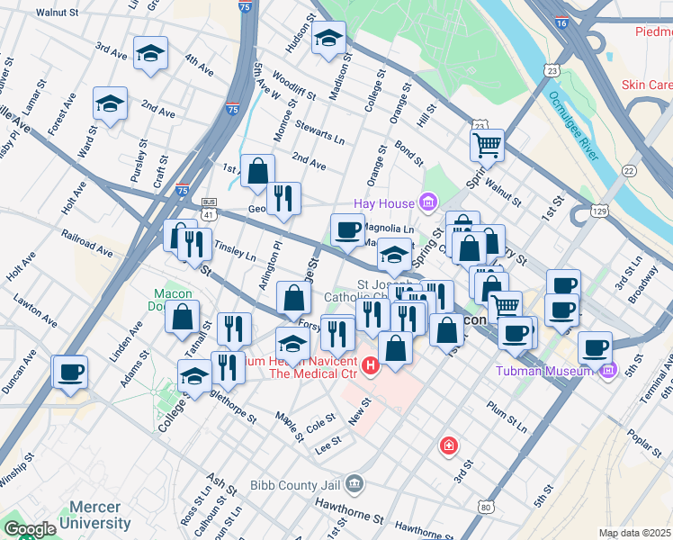 map of restaurants, bars, coffee shops, grocery stores, and more near 551 Orange Street in Macon
