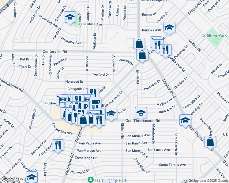 map of restaurants, bars, coffee shops, grocery stores, and more near 10475 Dunaway Drive in Dallas