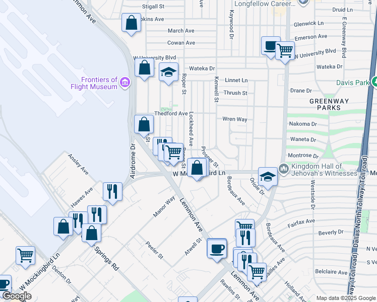 map of restaurants, bars, coffee shops, grocery stores, and more near 6546 Lockheed Avenue in Dallas