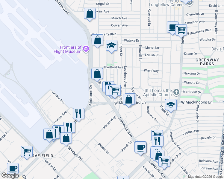 map of restaurants, bars, coffee shops, grocery stores, and more near 6542 Victoria Avenue in Dallas