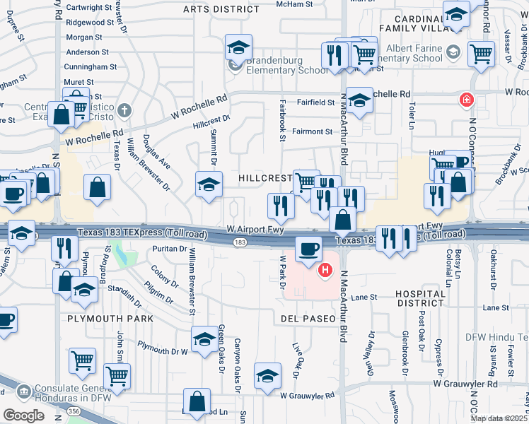 map of restaurants, bars, coffee shops, grocery stores, and more near 1509 West Airport Freeway in Irving