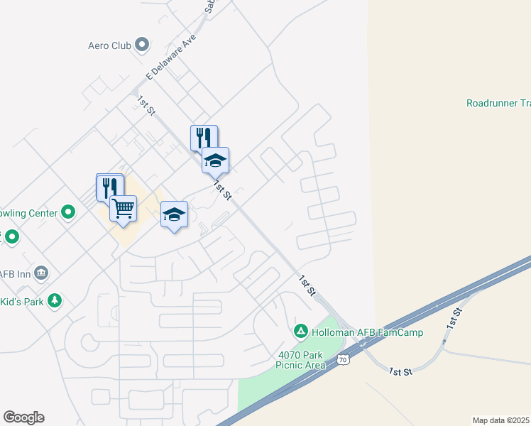 map of restaurants, bars, coffee shops, grocery stores, and more near 280 1st Street in Holloman Air Force Base