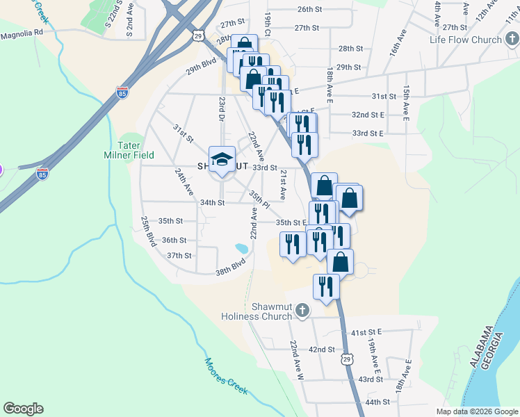 map of restaurants, bars, coffee shops, grocery stores, and more near 3405 35th Place in Valley